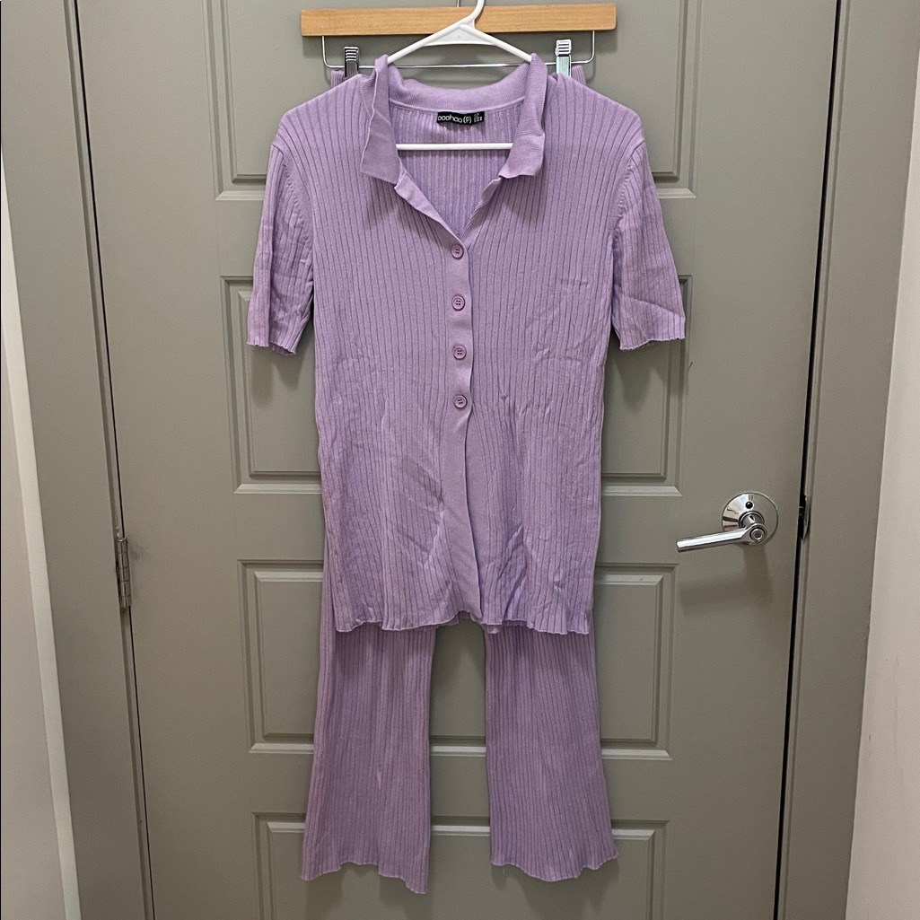 Boohoo Purple Ribbed Button-Up Jumpsuit